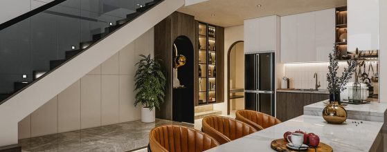 phòng bếp có ghế ngồi màu nâu
