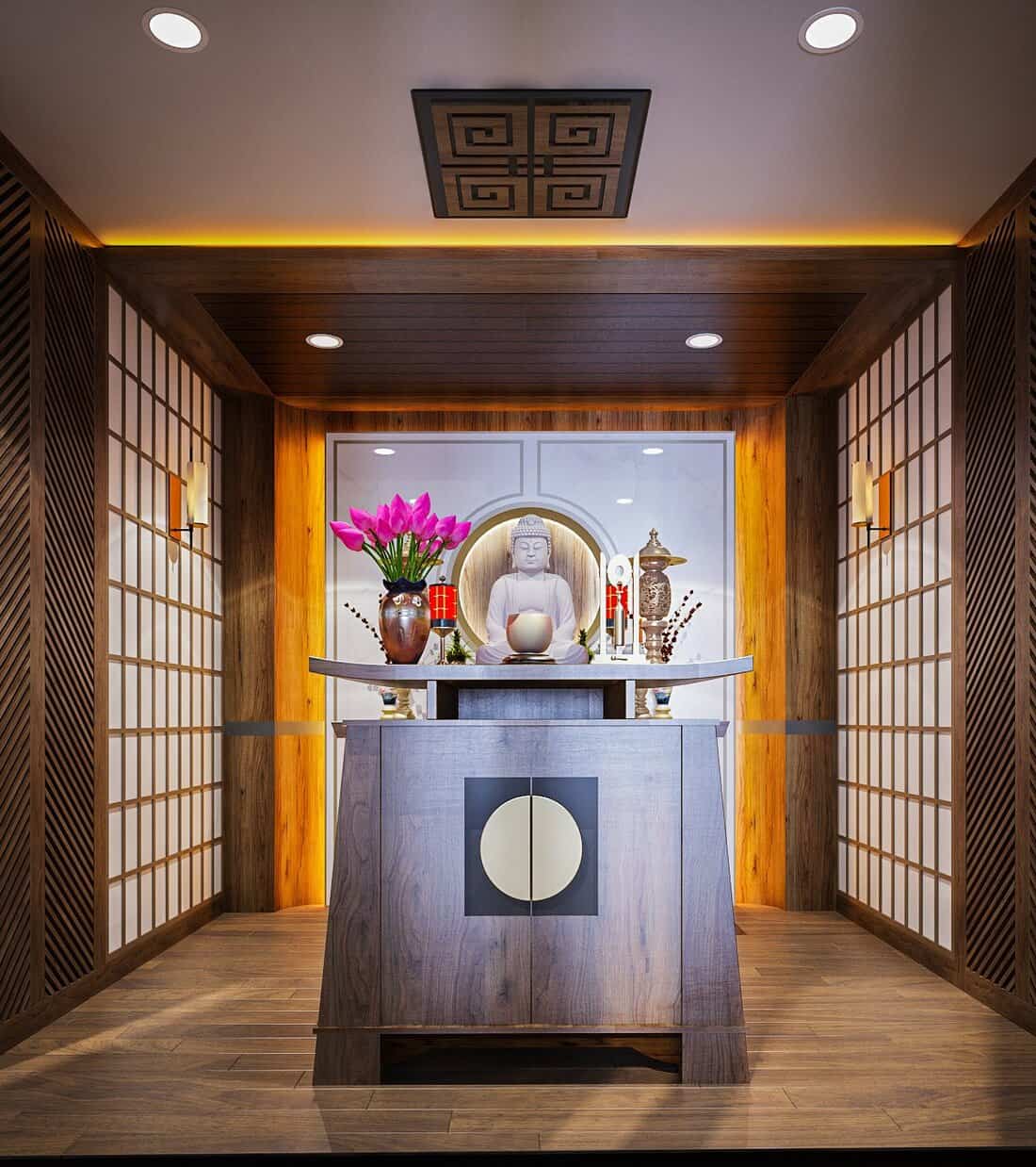 Mẫu thiết kế phòng thờ nhà phố với bàn thờ Phật và gia tiên
