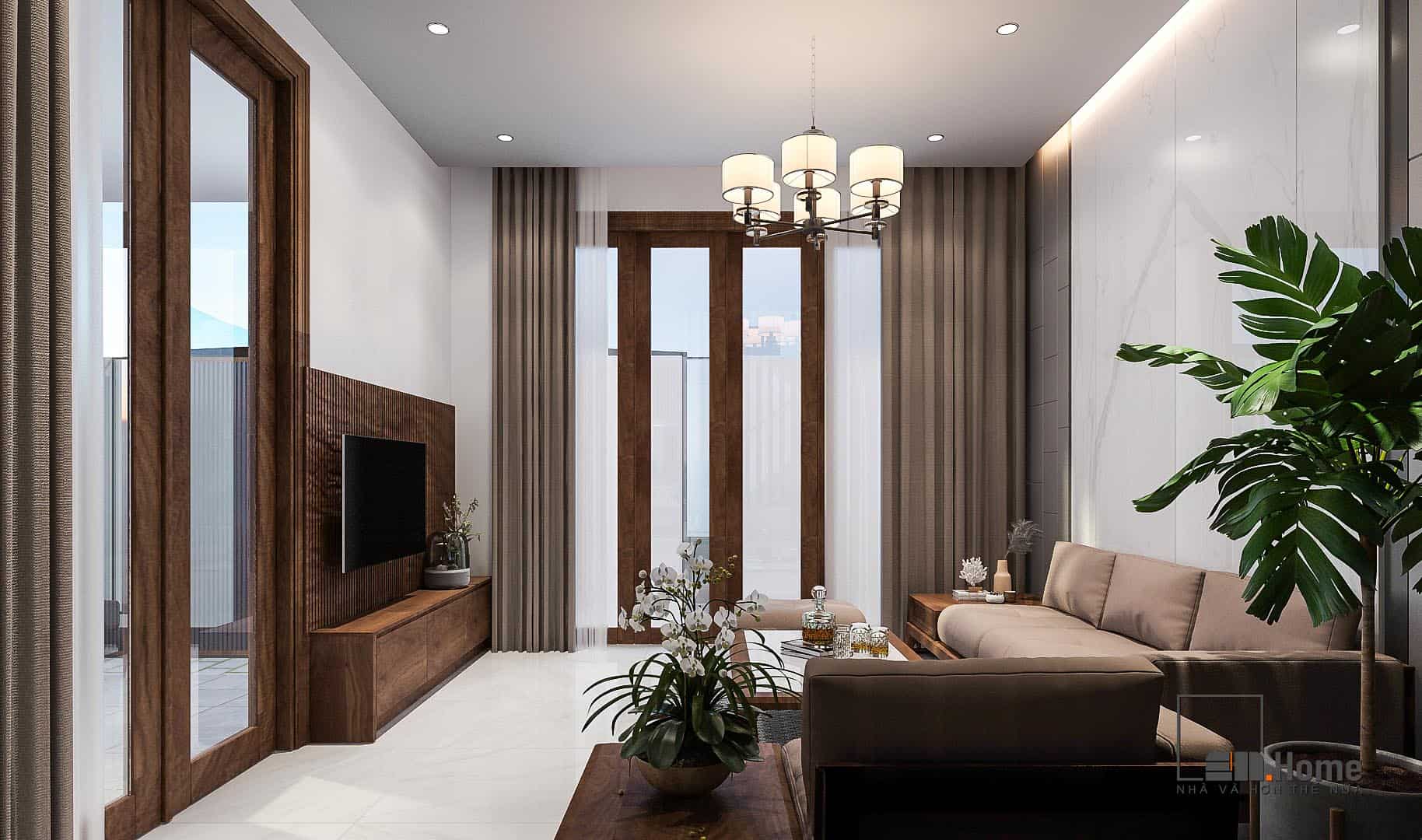 Mẫu phòng khách đẹp với gỗ, màu gỗ tối, kết hợp sofa nâu
