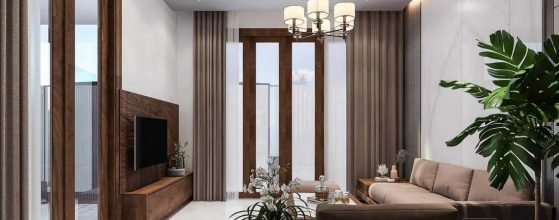 Phòng khách nhỏ với nội thất gỗ chủ yếu