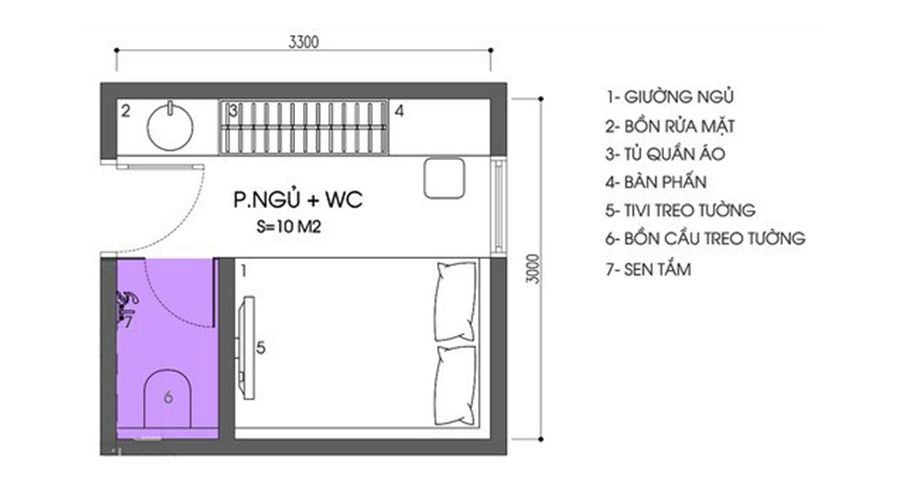 Bố trí phòng ngủ 10m2 tích hợp khu vực nhà WC