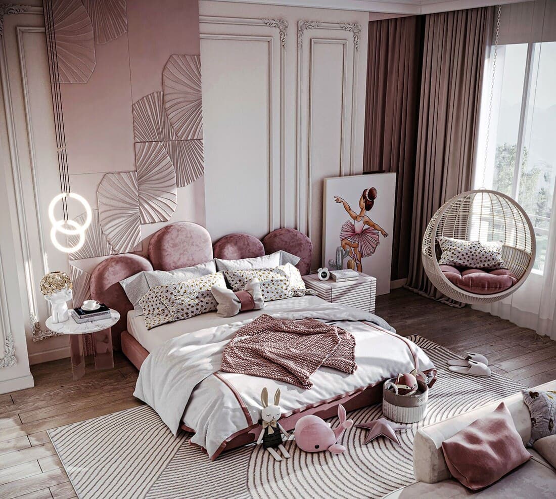 phòng ngủ có tường màu hồng kem