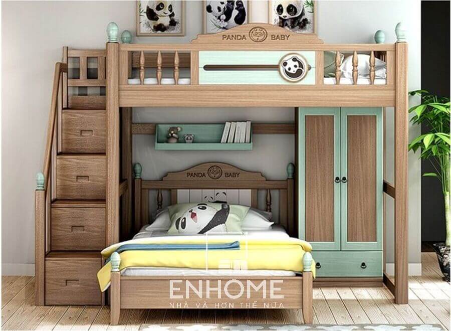 tủ quần áo cho bé với giường ngủ bằng gỗ