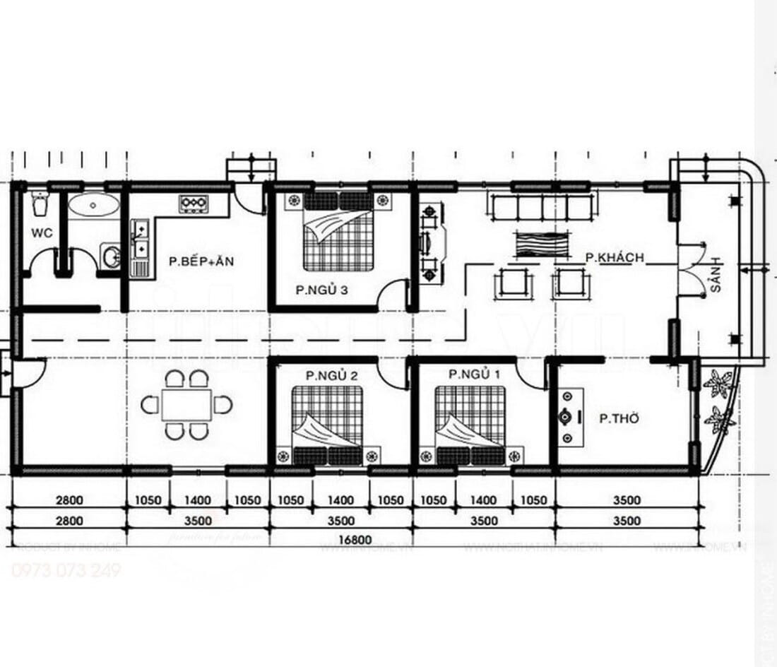 Bản vẽ biệt thự 1 tầng 3 phòng ngủ, 1 phòng thờ