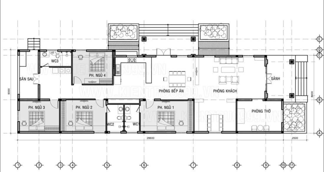 Mặt bằng biệt thự 1 tầng 4 phòng ngủ 