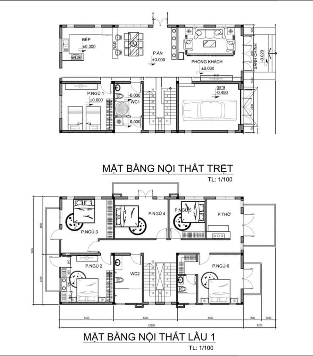 Mặt bằng tầng 1, tầng 2 của bản vẽ thiết kế biệt thự 100m2 mái thái