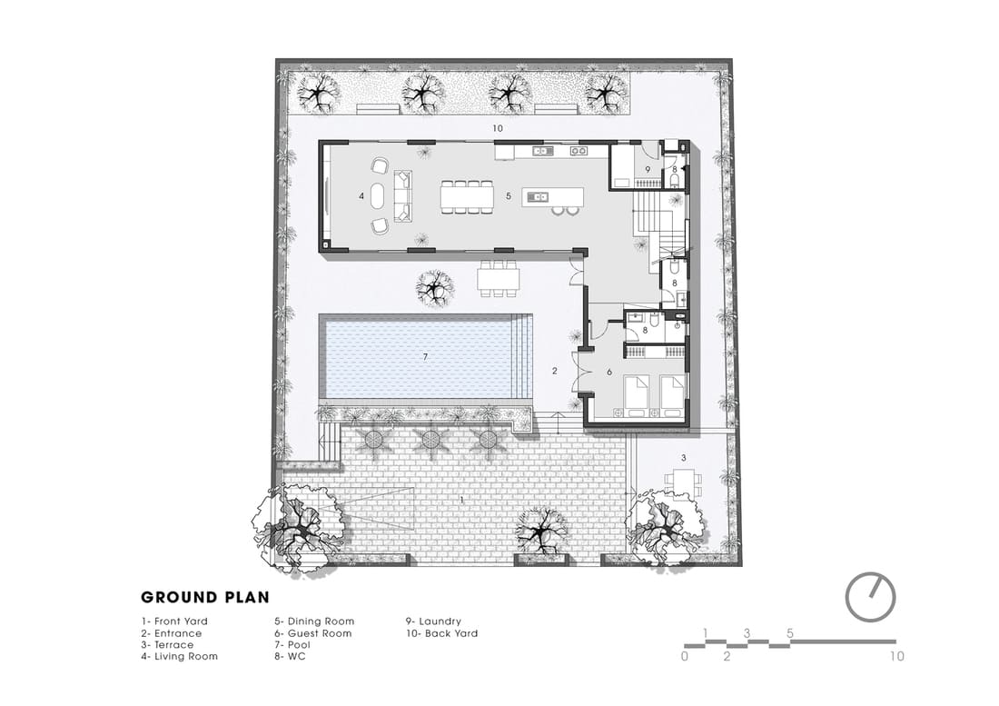 Mặt bằng tầng trệt của thiết kế biệt thự 2 tầng hình L 100m2