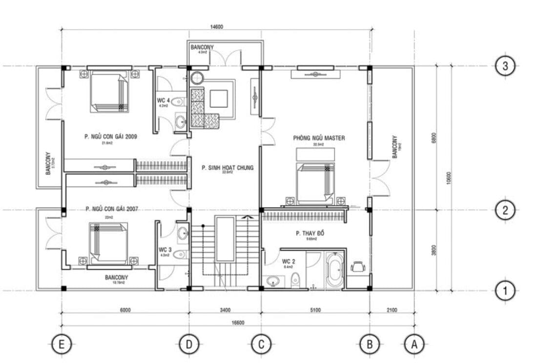 Thiết kế biệt thự 100m2 3 tầng cổ điển - mặt bằng tầng 2