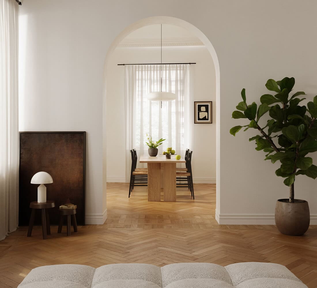Không gian nội thất đơn giản với vật liệu gỗ sồi