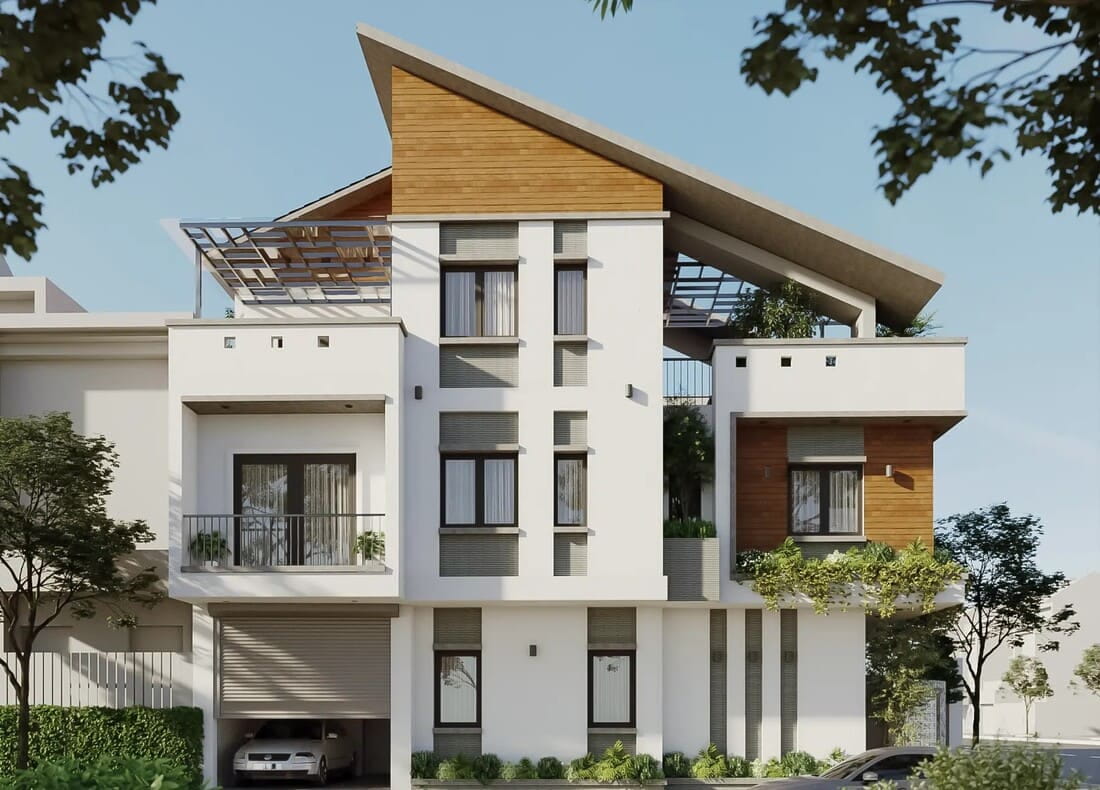 Biệt thự mái lệch 3 tầng ốp tường gỗ