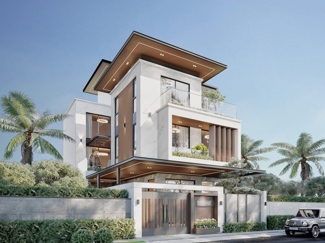 Thiết kế biệt thự mái lệch 3 tầng ốp tường gỗ