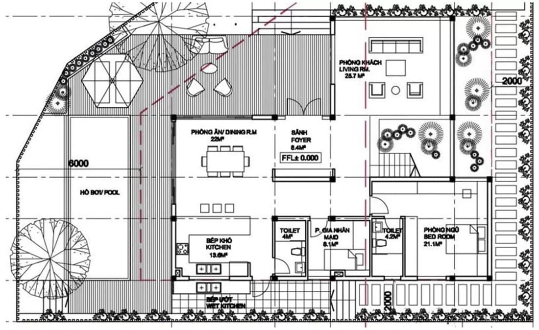 Mặt bằng tầng 1 biệt thự chữ L 3 tầng